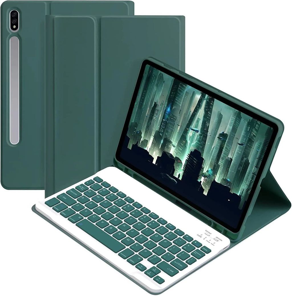 Samsung Galaxy Tab keyboard case set with TPU protective shell, Bluetooth keyboard, and charging mouse in multiple colours