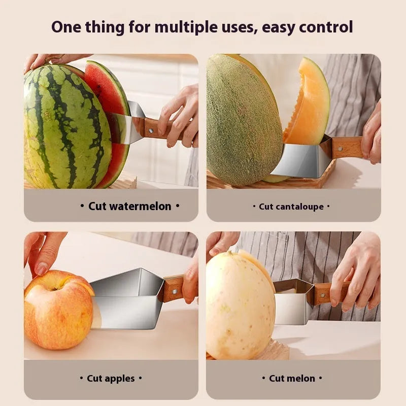 Stainless steel triangle watermelon splitter knife with protective cover.