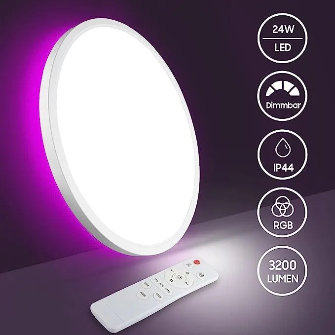 Round flat LED ceiling light 24W with RGB backlight in white frame on a bedroom ceiling