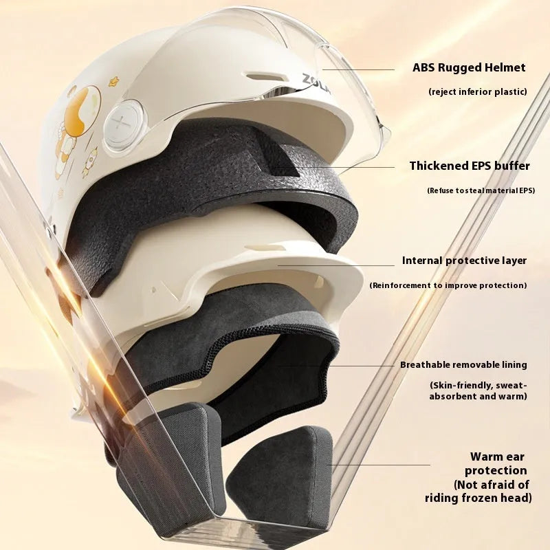 Khaki coloured open-face motorcycle helmet with integrated long mirror sunglasses on a table.