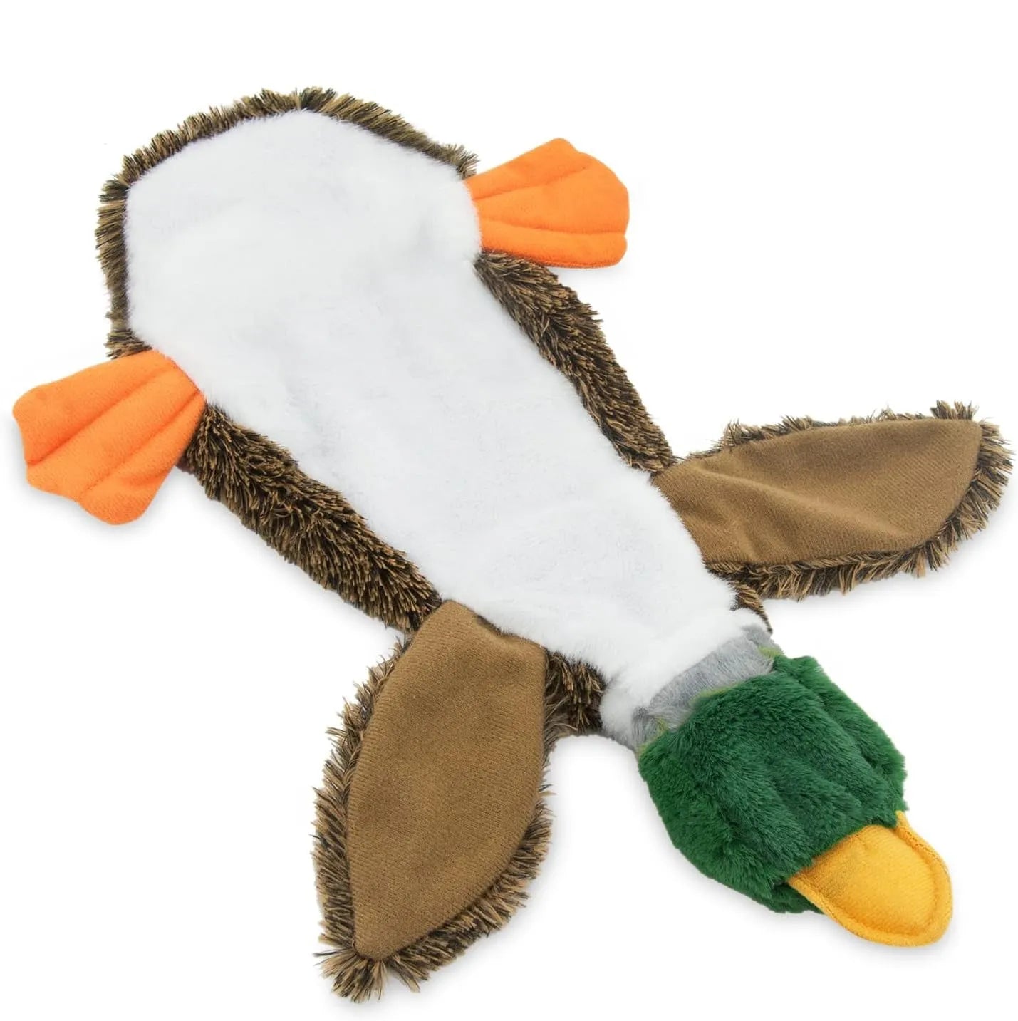 Green stuffless squeaky duck dog toy with bottle cavity for indoor play with dogs