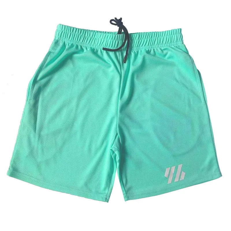 Man's loose-fit metal silk sports shorts in various colours on a hanger.