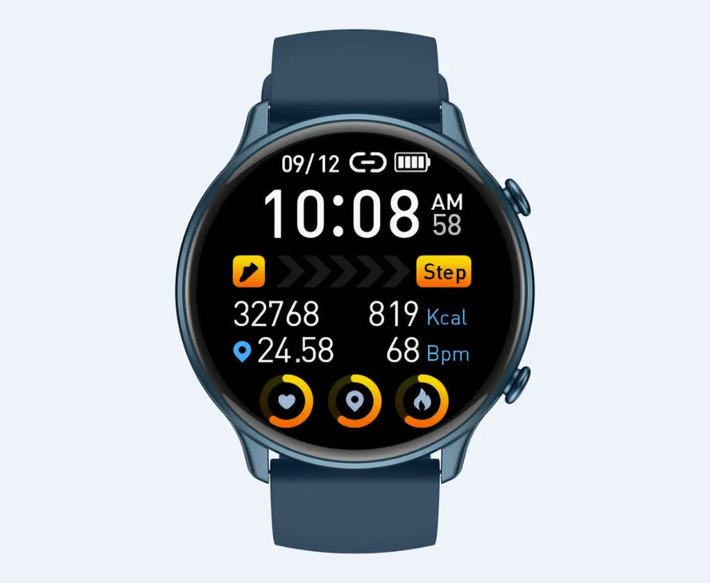 Round touch screen smart sports watch with silicone strap showing heart rate and sleep tracking display