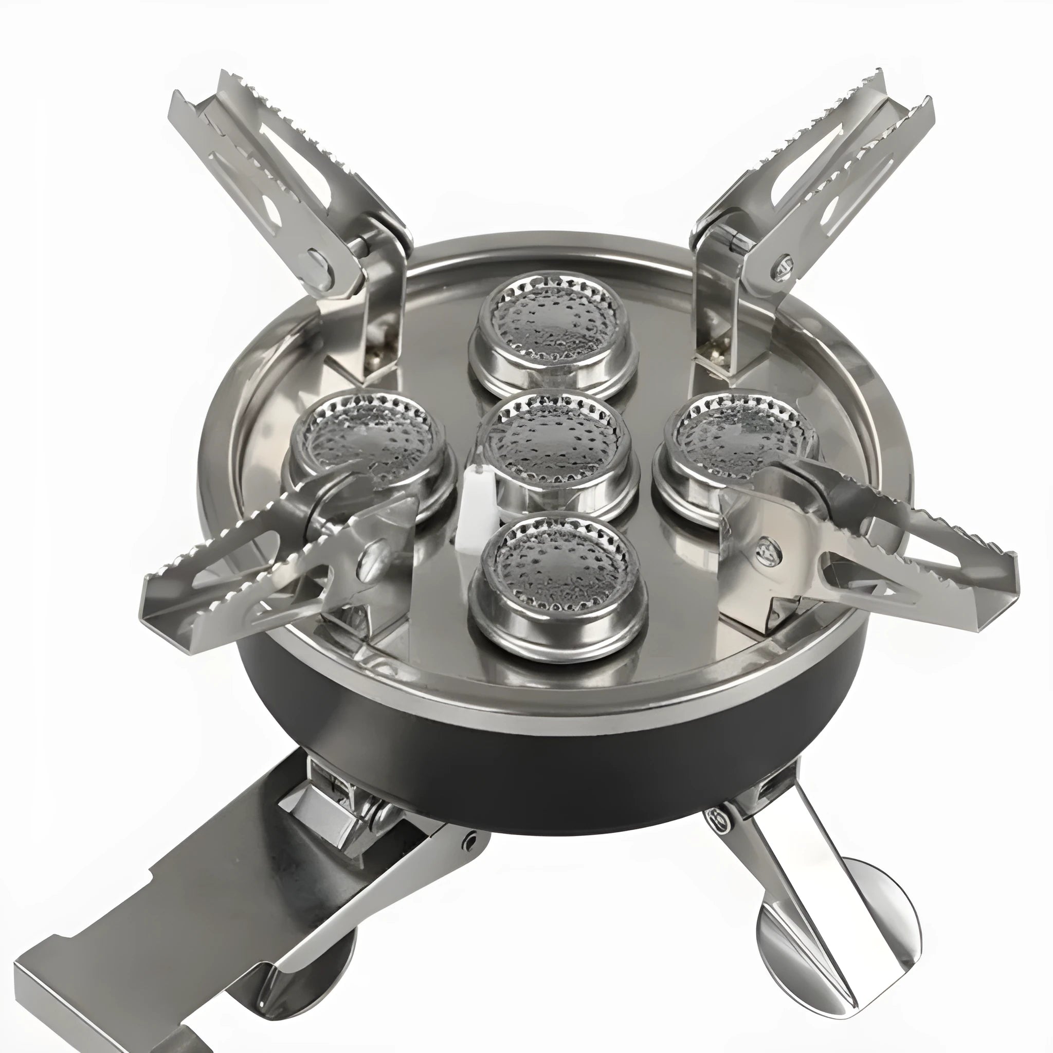 Silver portable folding camping stove with extended copper gas hose, shown on a wooden picnic table.