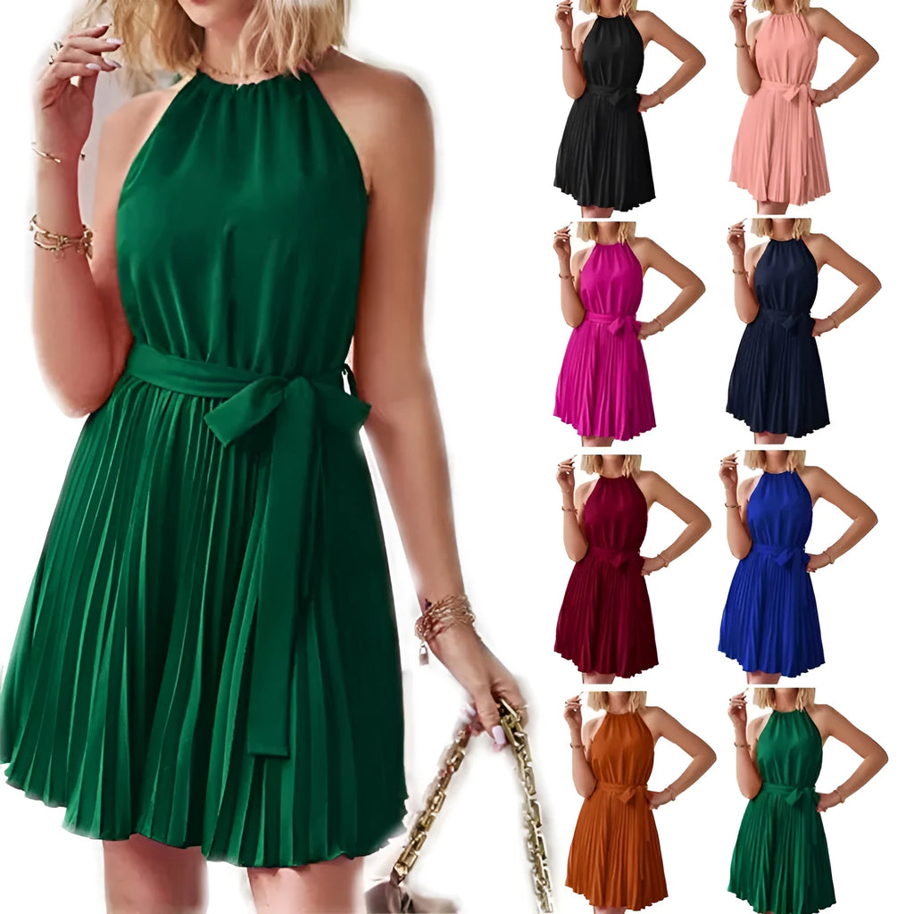 Women's black halter neck strapless sundress with a pleated chiffon skirt and an adjustable waist belt.