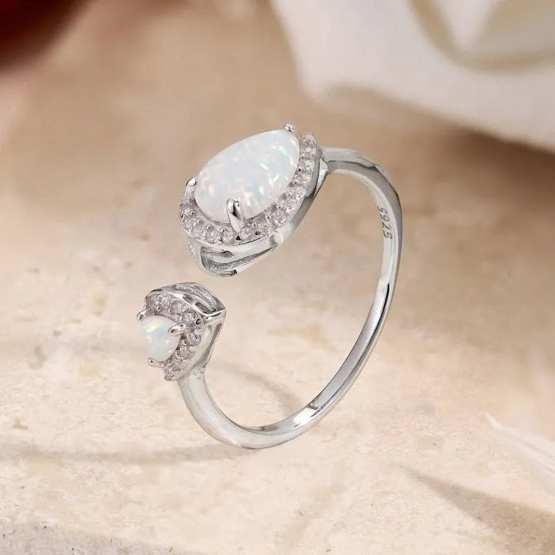 S925 sterling silver adjustable open mouth ring with blue drop-shaped fat triangle opal design geometric style
