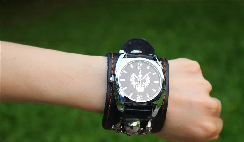 Men's black skull square watch with 10mm thickness on a grey background