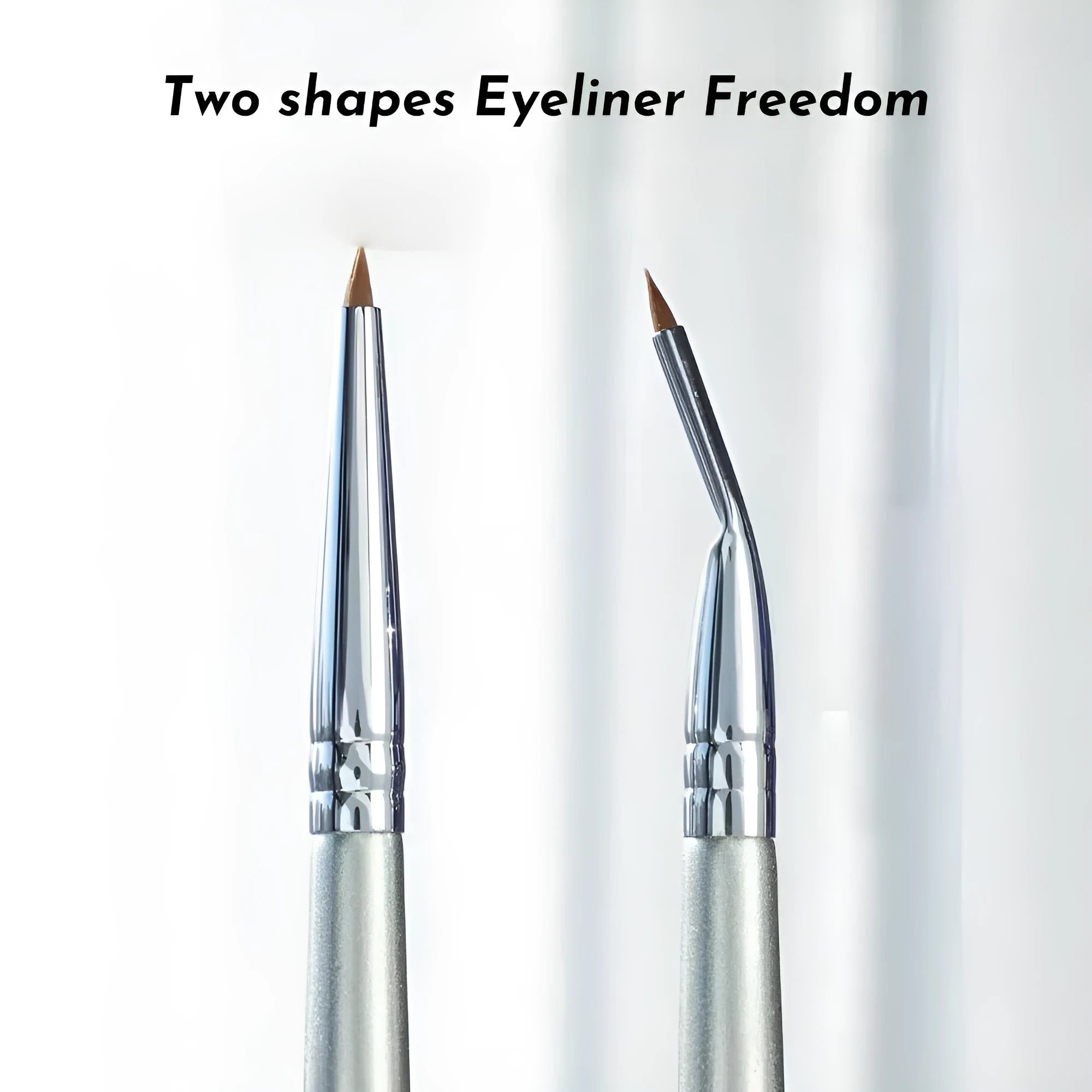 Angled bend head makeup brush with fine tip for eyeliner and under-eye concealer application on a wooden table.