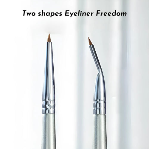 Angled bend head makeup brush with fine tip for eyeliner and under-eye concealer application on a wooden table.
