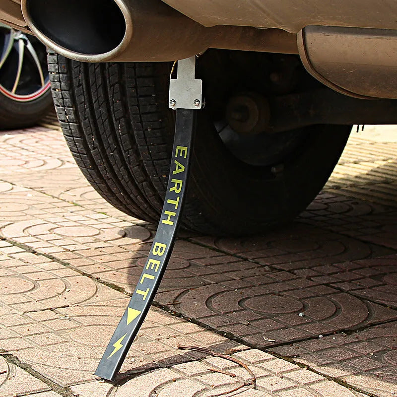 Black rubber car electrostatic grounding belt with metal clip and chain, 37cm long, for static discharge.