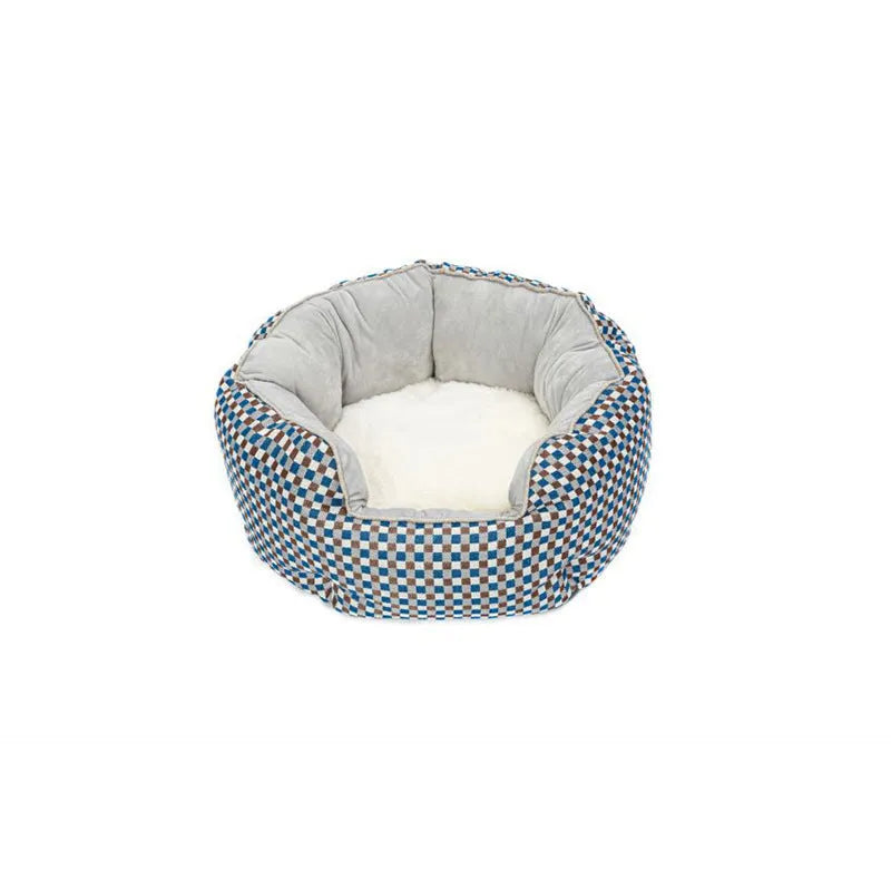 Octagonal pet bed with removable mats in blue colour with soft wool point design