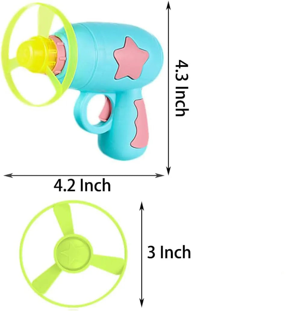 Blue plastic cat toy gun with spinning Frisbee launcher for indoor cats