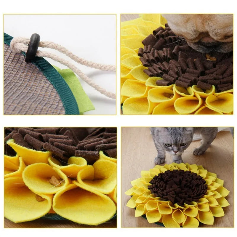 Yellow sunflower-shaped dog snuffle mat with rope and buckle attachment for slow feeding