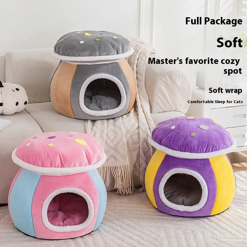 Grey mushroom-shaped plush cat bed with a detachable blanket inside, showing enclosed design.