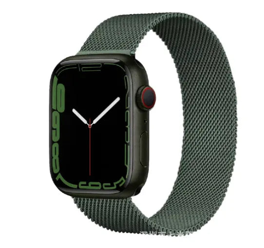 Stainless steel watch strap in silver, black, gold, and rose gold colours for 38mm and 42mm smartwatches.