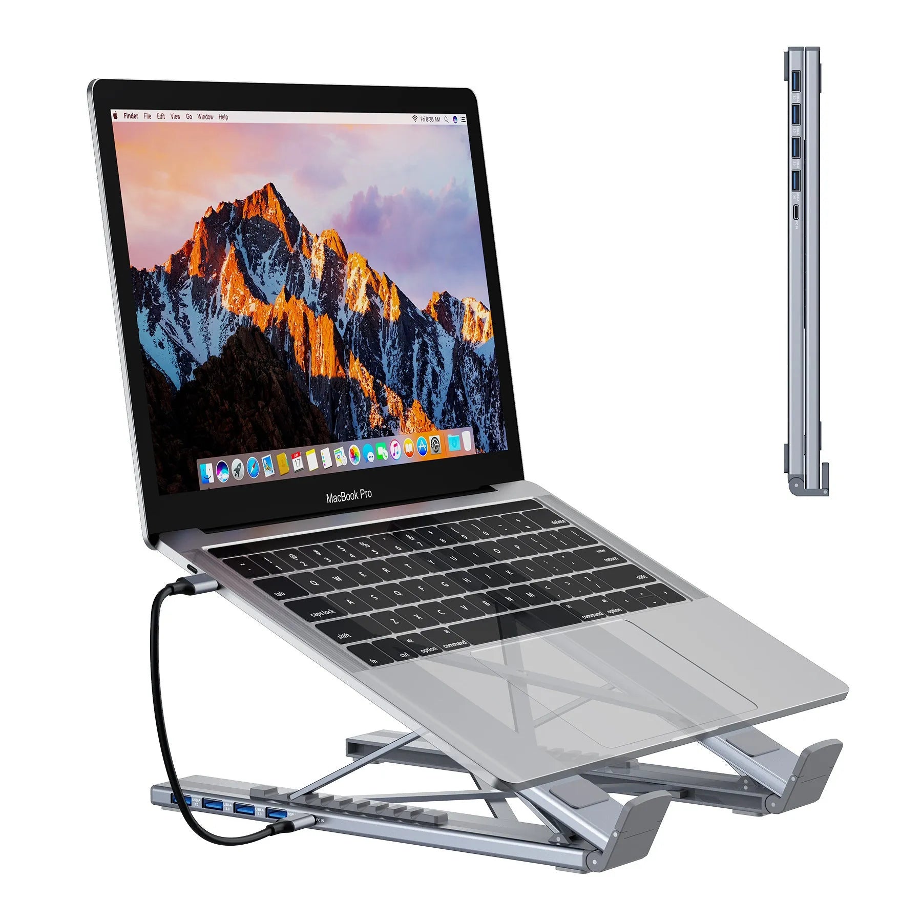 Aluminium folding laptop stand with integrated 8-in-1 docking hub ports and a short cable.