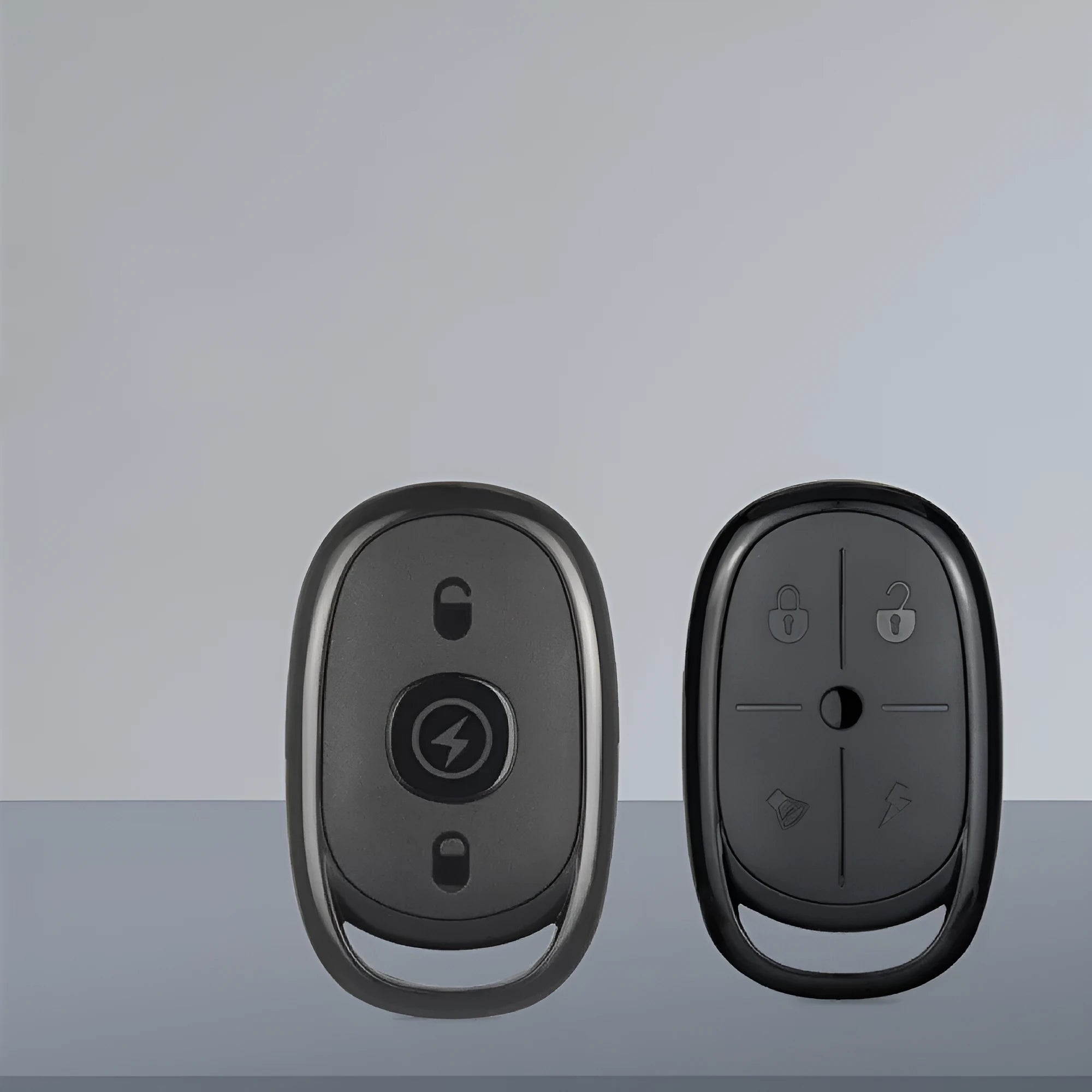 Black ABS plastic electric car remote control duplicator with buttons, shown alongside a CR2032 battery.