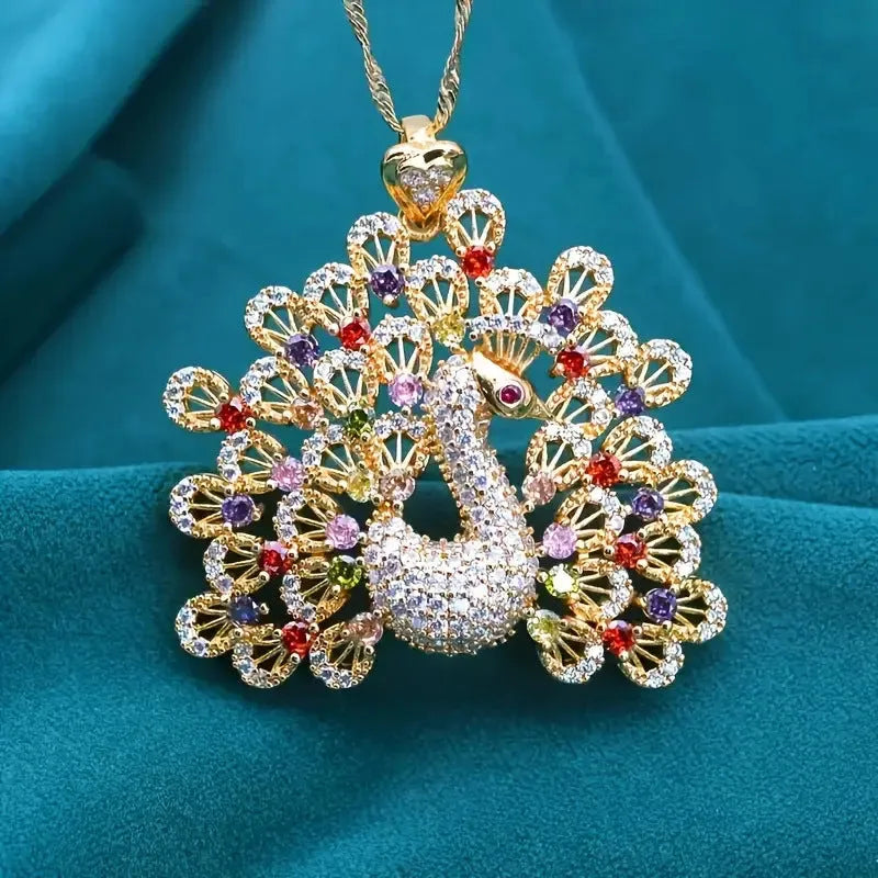 Peacock design pendant necklace with colourful micro inlaid zircon and real gold plating over copper