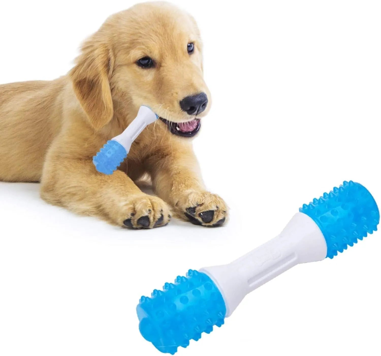 Dual-colour rubber puppy teething chew toy for dental health and gentle chewing.