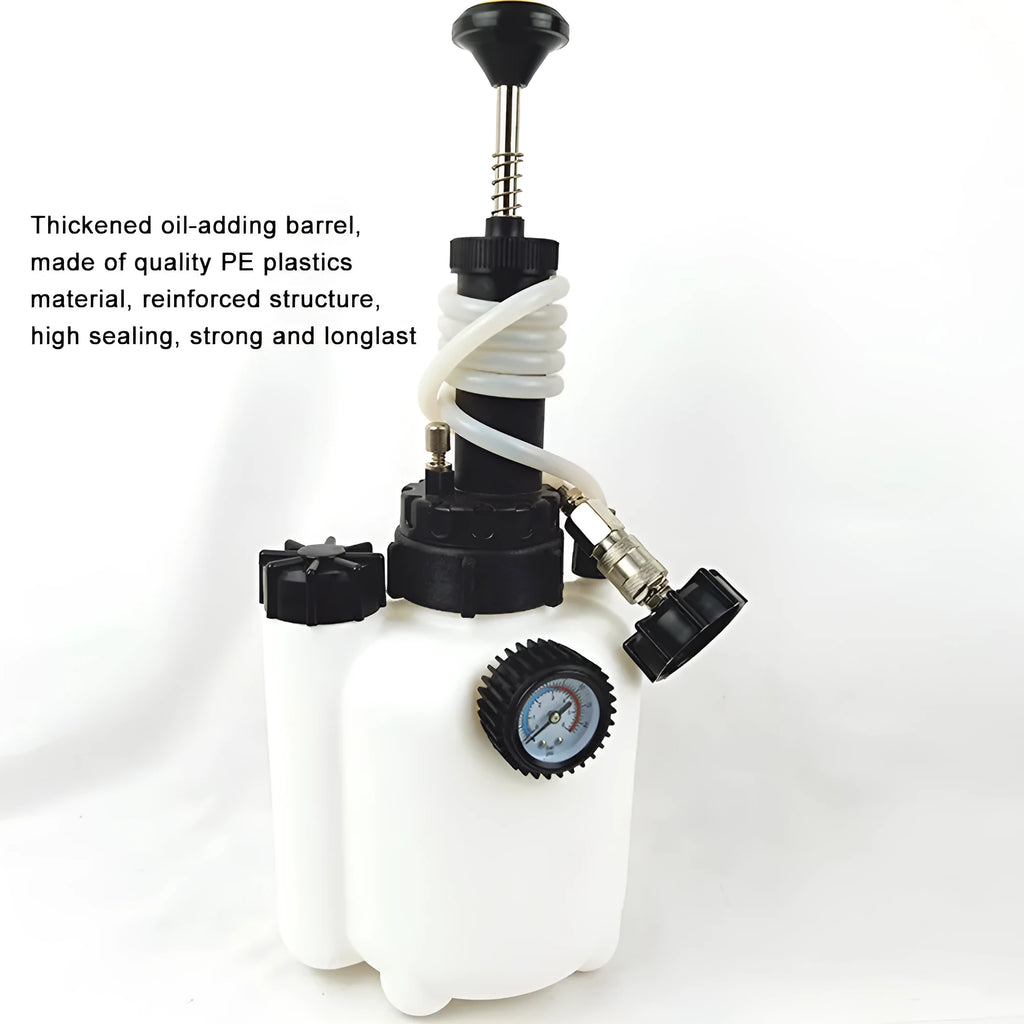 White 3-litre automotive brake fluid tank and replacement tool with copper and iron components.