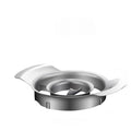 Stainless steel pomegranate fruit cutter tool with optional bowl and wooden hammer on a kitchen surface.