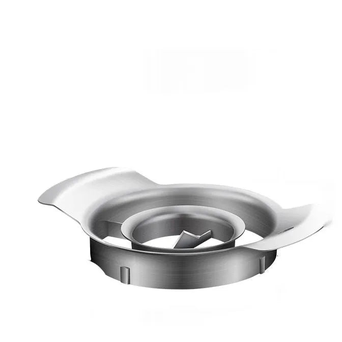 Stainless steel pomegranate fruit cutter tool with optional bowl and wooden hammer on a kitchen surface.