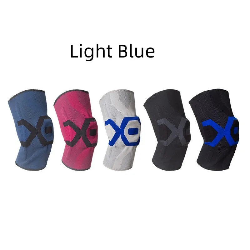 Men's silicone knee pads for sports in black and blue, shown from a front view.