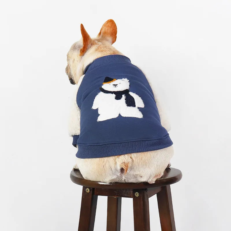 Dark blue fleece-lined winter dog coat with cotton construction showing size options L to 4XL