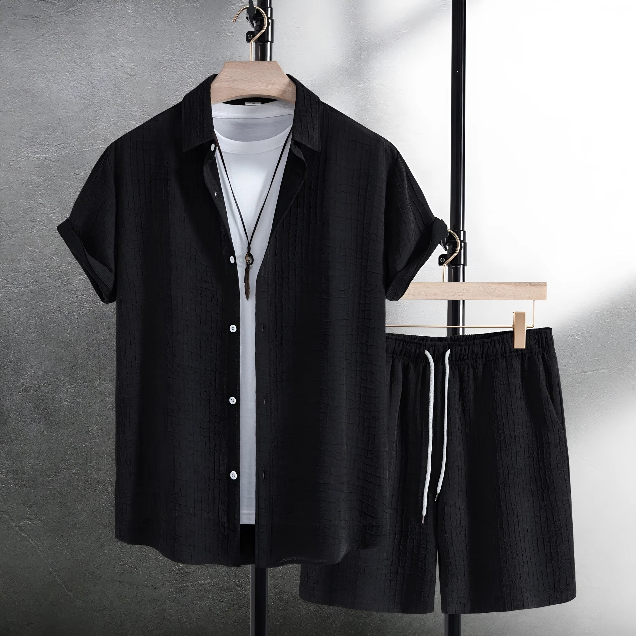 Men's white jacquard short sleeve shirt and shorts casual suit set on hanger