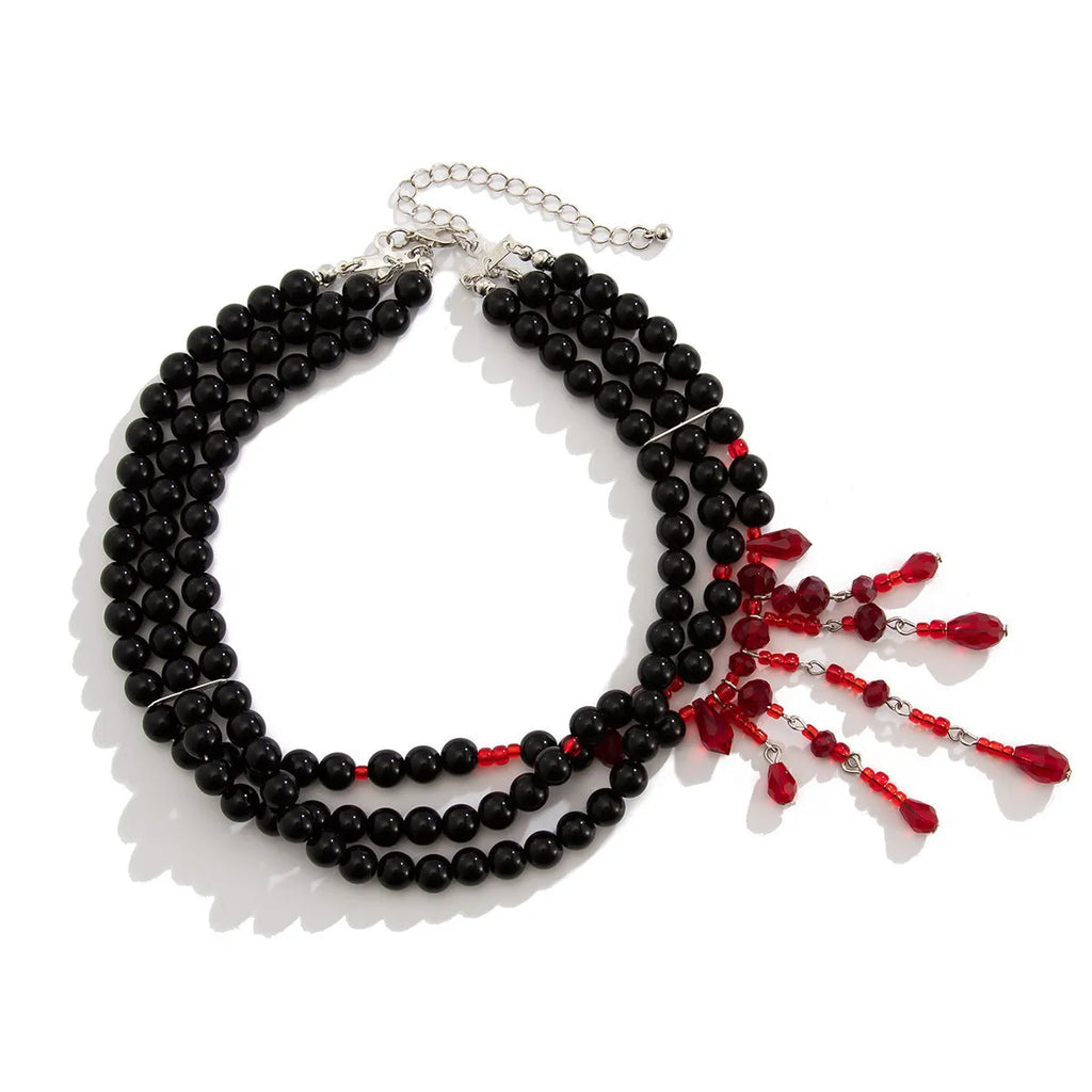 Men's Halloween necklace with blood drop crystal pendants, pearl beads, and tassel on adjustable chain