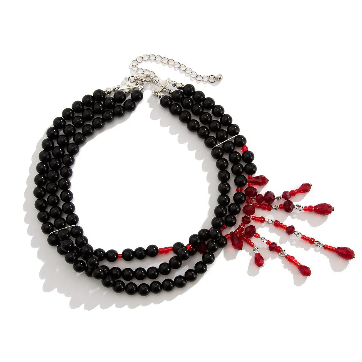 Men's Halloween necklace with blood drop crystal pendants, pearl beads, and tassel on adjustable chain