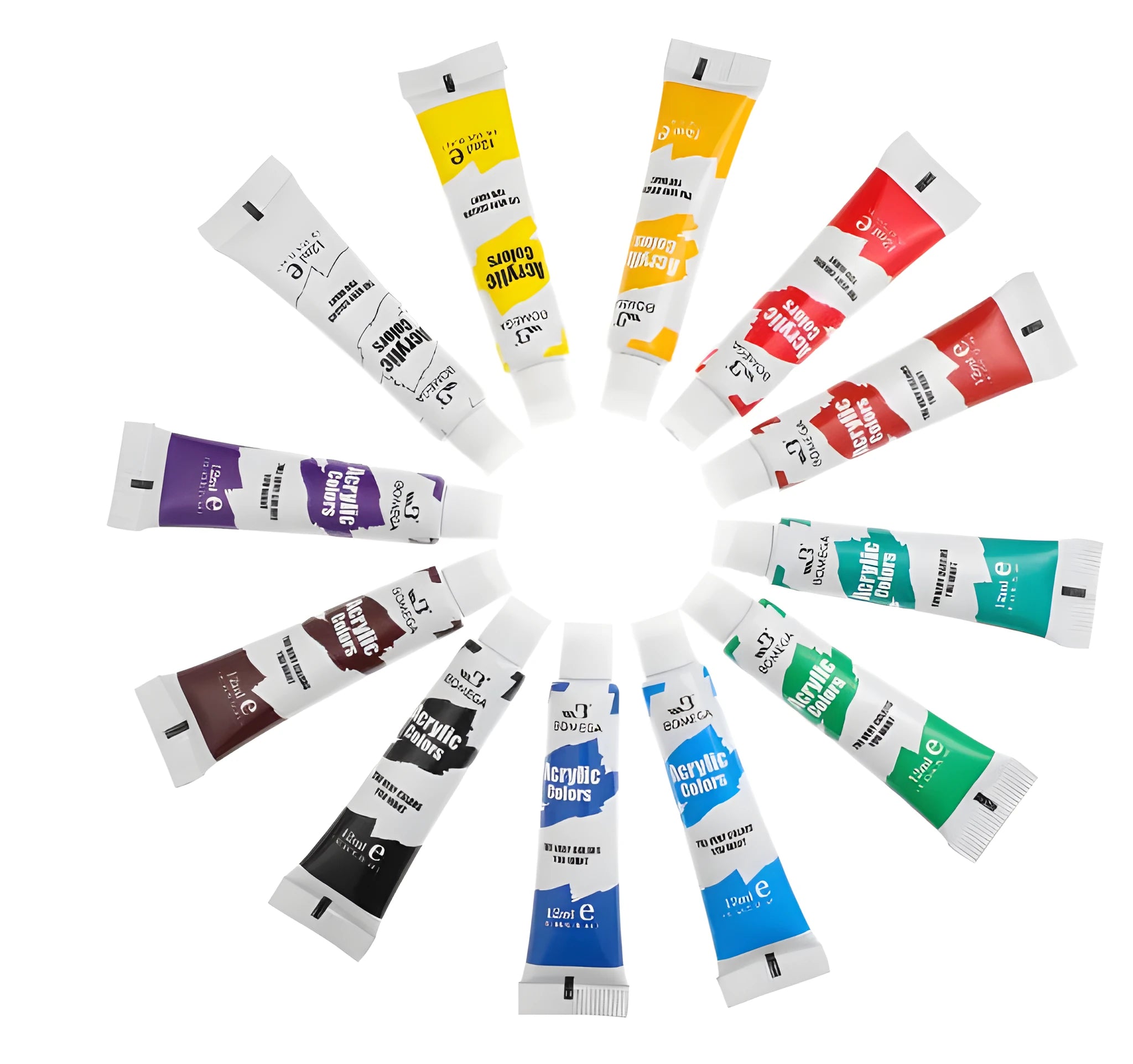 Set of artist paint tubes for acrylic, gouache, watercolour, oil, glass, and textile techniques in 12 colours.