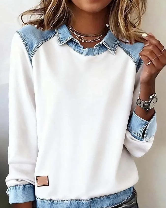 Denim collar long sleeve pullover patchwork knitwear top in solid colour street fashion style, polyester fibre, multiple colour options
