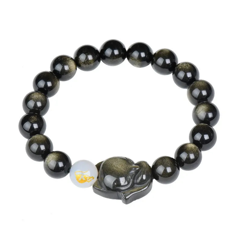 Natural obsidian bracelet with zodiac charm in gold, silver, or black stone styles.