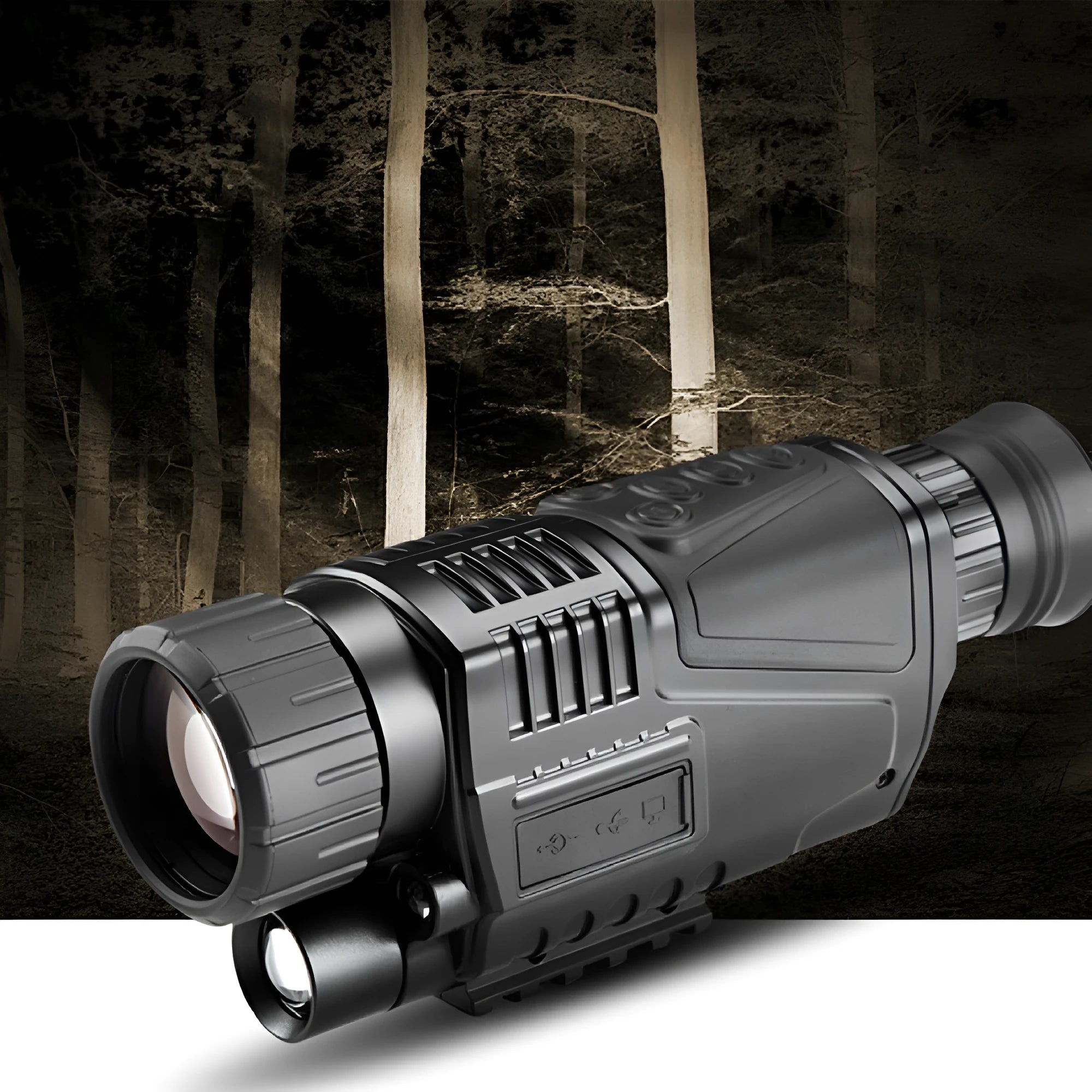 NV300 black infrared digital night vision telescope with 40mm lens, shown with storage bag and cables.