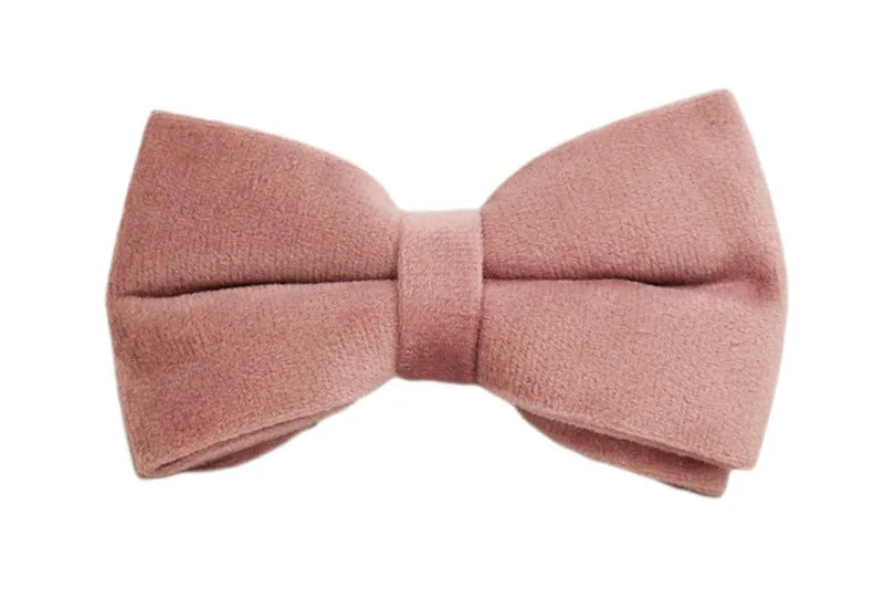 Light purple pink velvet dog collar with matching cloth accessories including leash and bow tie