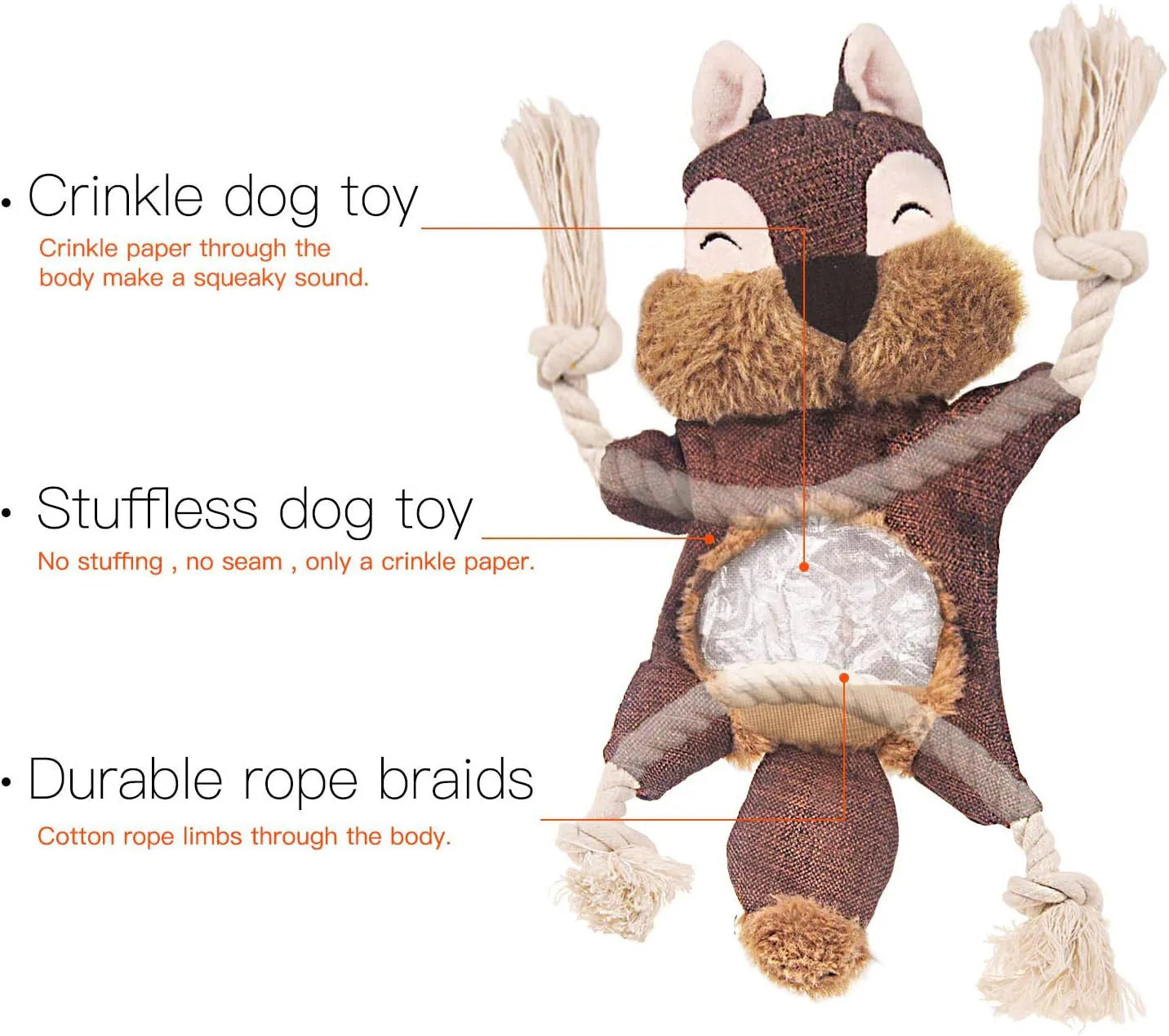 Brown fox-shaped dog toy with squeaker in head, crinkle paper body, and rope arms for chewing