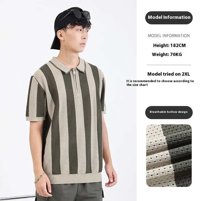 Man wearing a striped short-sleeve ice silk sweater with a decorative zipper detail.