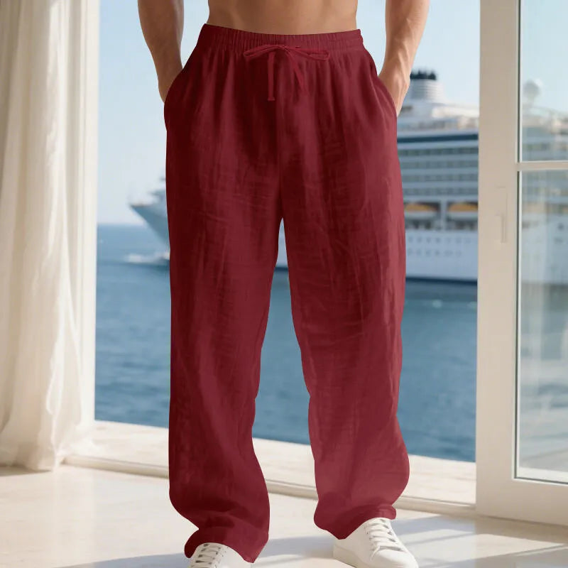 Men's linen solid colour loose wide leg drawstring trousers in orange, pink, fruit green, brown, denim blue, light gray, watermelon red, purplish red
