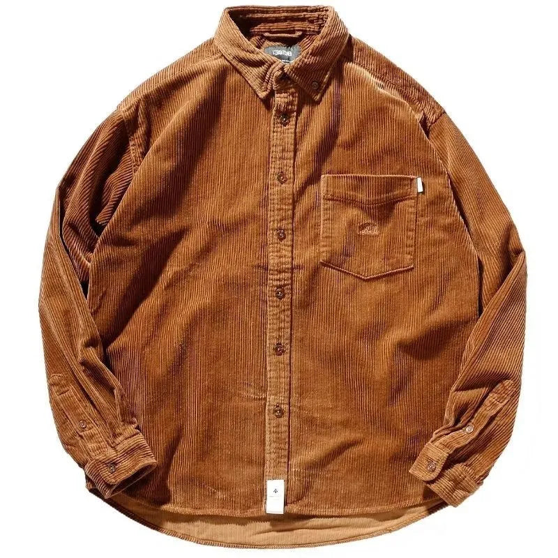 Men's caramel loose corduroy shirt with long sleeves in a cardigan style