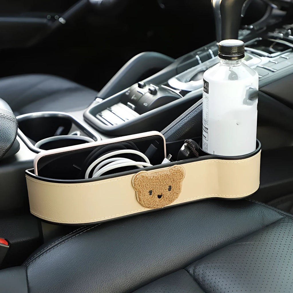 Car seat gap storage box with cartoon bear pattern for organising vehicle interior
