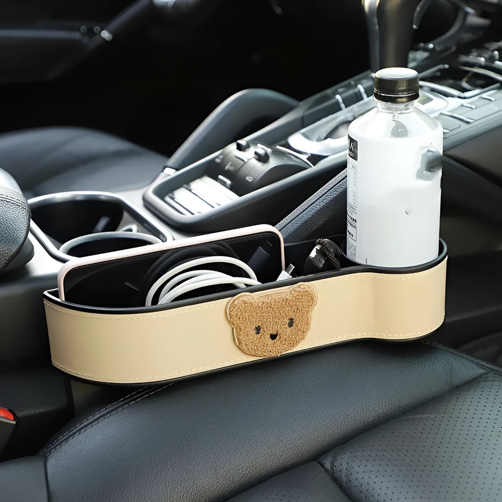 Car seat gap storage box with cartoon bear pattern for organising vehicle interior