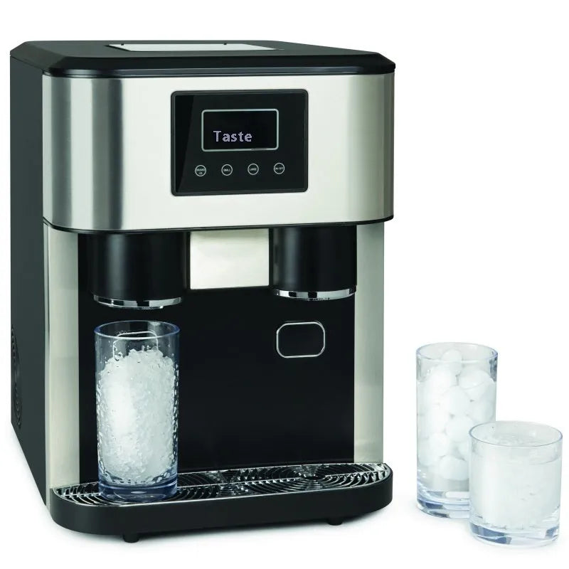 Black desktop ice making machine with ice crushing and cold water dispensing functions on countertop