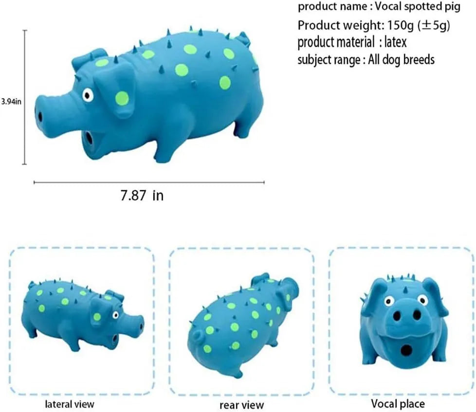 Blue latex squeaky pig-shaped dog chew toy with textured surface for teeth cleaning.