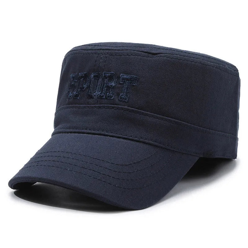 Men's flat-top peaked cap in cotton on adjustable strap, shown in army green colour.