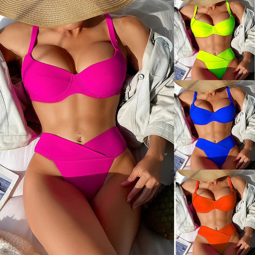 Solid colour nylon bikini swimsuit in briefs style on a white background.