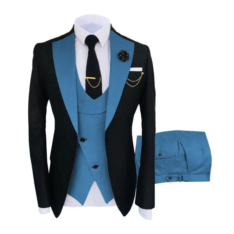 Men's slim fit three-piece suit in cotton with coat, vest, and trousers for formal occasions