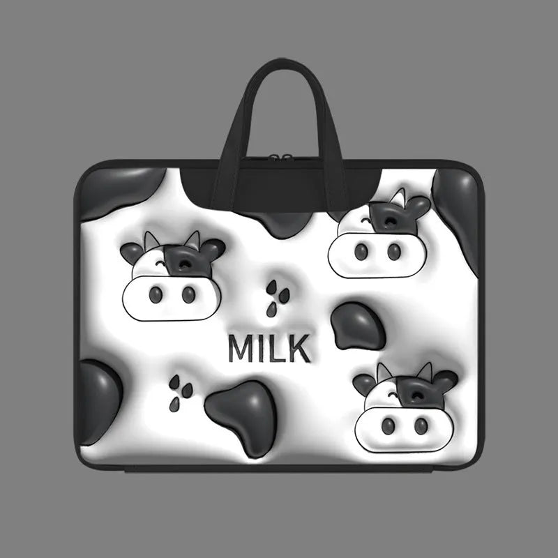 Inflatable PU leather laptop bag with cartoon design hanging from suitcase handle