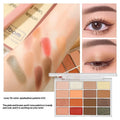 16-colour eye shadow palette showing matte and shimmer finishes in pink, brown and neutral tones.
