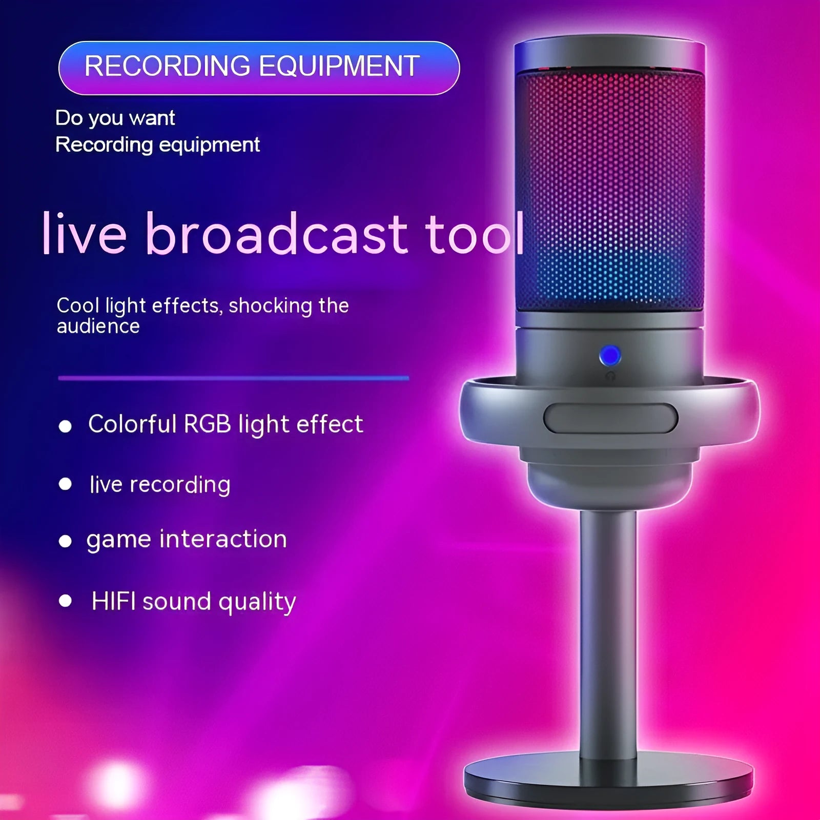 USB condenser microphone with RGB lighting in black, white, or pink colours for computer recording